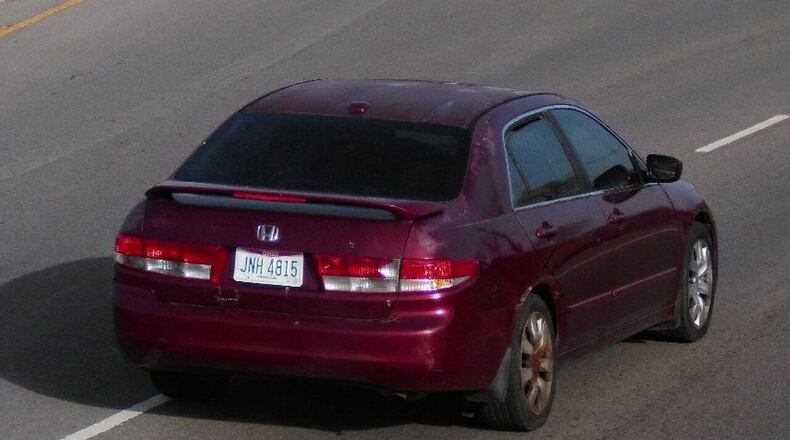 Fairfield Twp. police are seeking this maroon Honda Accord with Ohio plate JNH4815, which was seen speeding through the neighborhood around the time of a shooting on Vonnie Vale Court Feb. 15, 2023. It may now have a different license plate. CONTRIBUTED