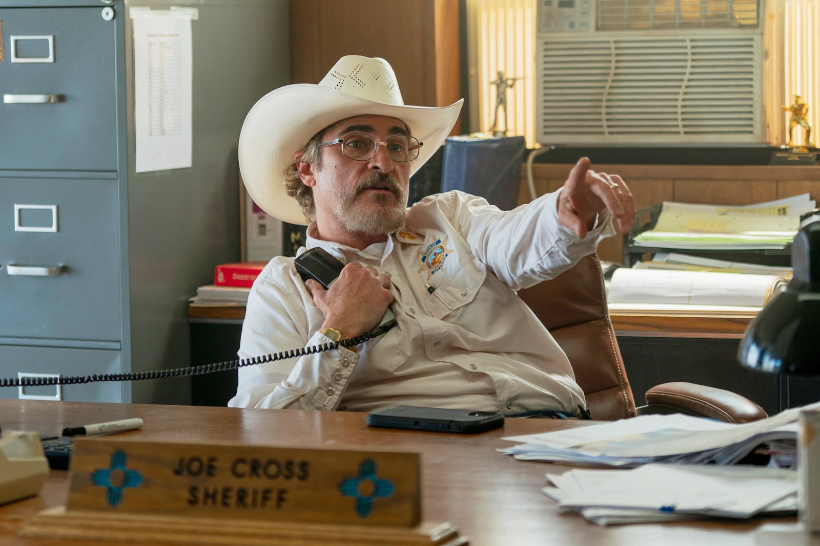 This image released by A24 shows Joaquin Phoenix in a scene from "Eddington." (A24 via AP)