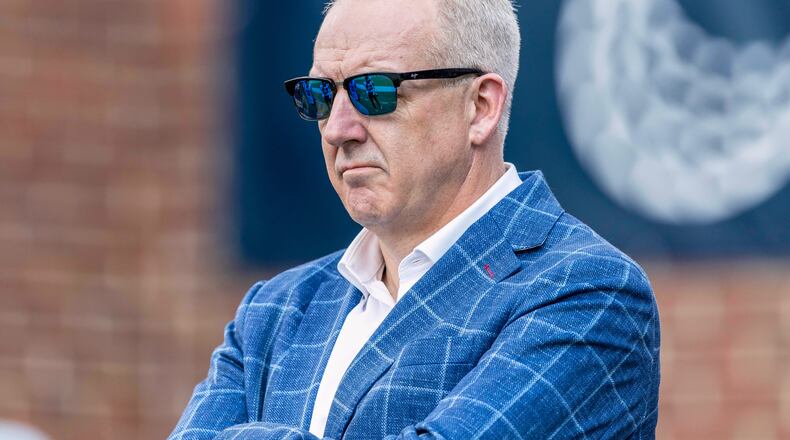 FILE - Southeastern Conference commissioner Greg Sankey looks on on at a Tulane at Mississippi NCAA football game on Sept. 20, 2025, in Oxford, Miss. (AP Photo/Vasha Hunt, File)