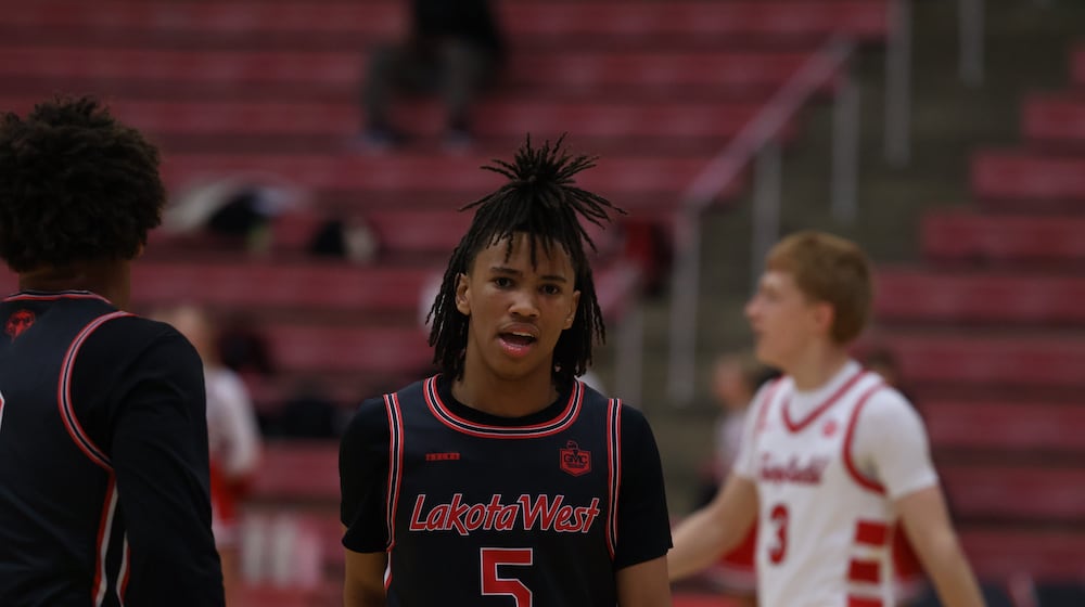 Lakota West sophomore Andre Richardson walks down the court during a timeout against Fairfield on Dec. 9, 2025 at Fairfield Arena. ELIJAH COOK / CONTRIBUTER