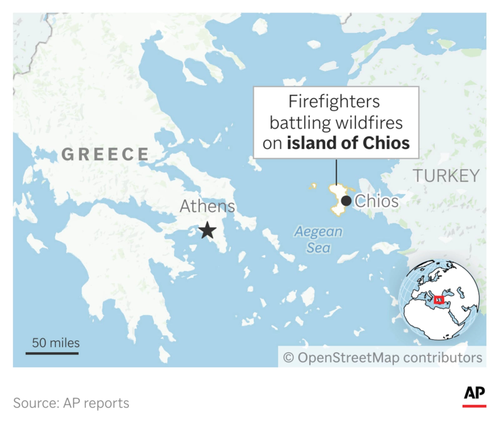 Firefighters are battling wildfires on the Greek island of Chios. (AP Digital Embed)