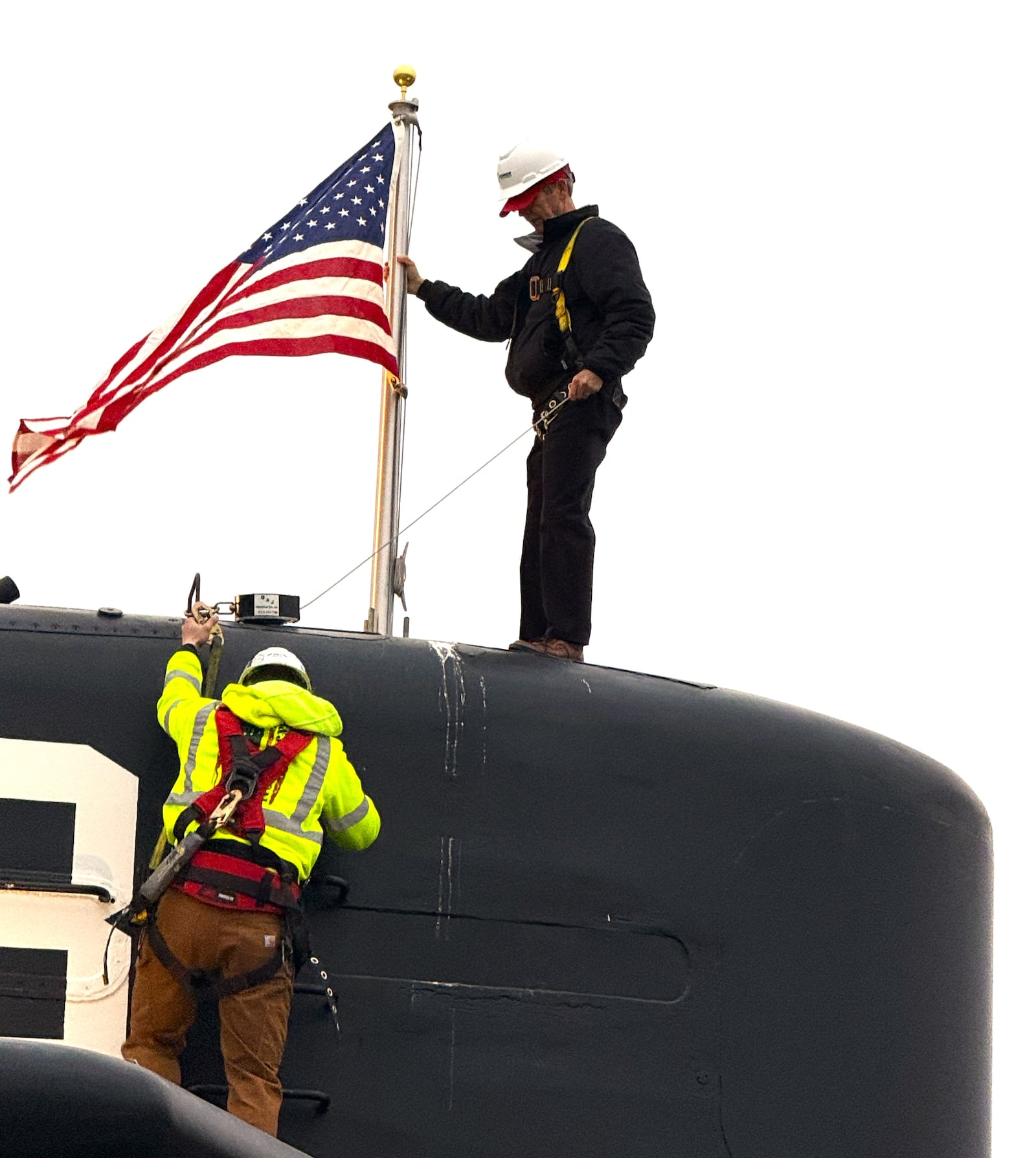 The $9.5 million USS Cincinnati nuclear submarine memorial is sailing through its construction schedule on time and now sports an American flag atop its conning tower after a recent ceremony. (Contributed)