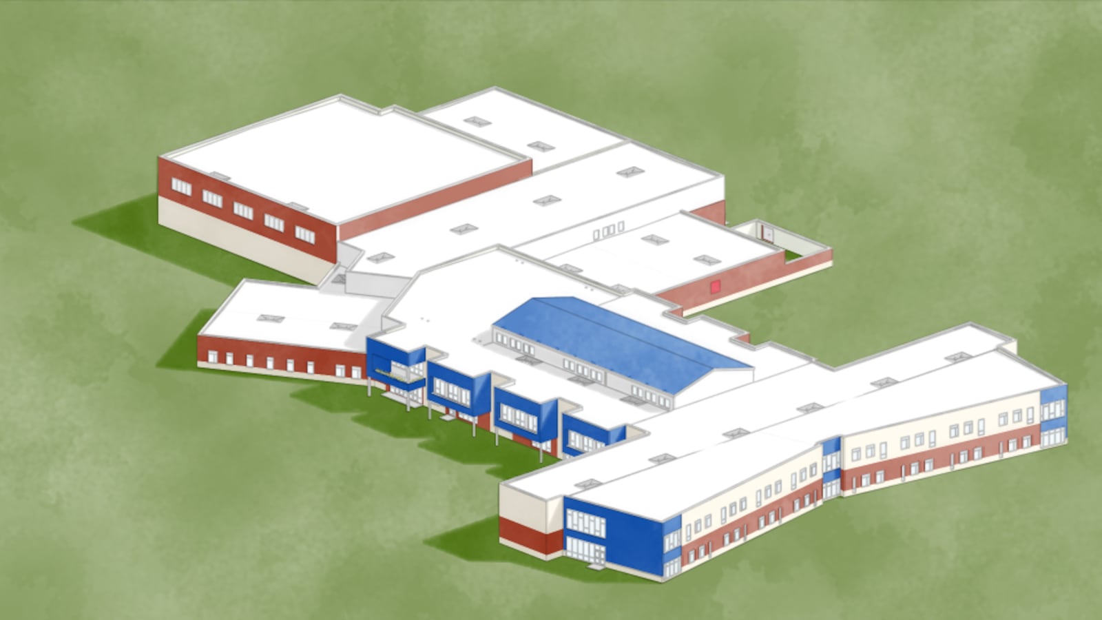 Residents in Monroe Schools got an updated report on a $62 million new high school construction project Wednesday evening and also learned the current 2-12 grade campus will get a second traffic access road as part of the addition.
By this summer construction ground crews will begin clearing and digging in the southeast corner of the current Monroe Yankee Road campus where athletic practice fields now stand. The rendering is from a northeast perspective of the coming 9-12 grade high school. (Provided rendering)