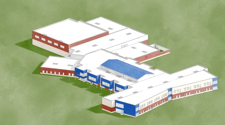 Residents in Monroe Schools got an updated report on a $62 million new high school construction project Wednesday evening and also learned the current 2-12 grade campus will get a second traffic access road as part of the addition.
By this summer construction ground crews will begin clearing and digging in the southeast corner of the current Monroe Yankee Road campus where athletic practice fields now stand. The rendering is from a northeast perspective of the coming 9-12 grade high school. (Provided rendering)