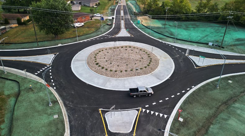 The roundabout at Ohio 122 and Elk Creek Road in Madison Twp. opened Thursday evening, Sept. 4, 2025, after three months of construction. NICK GRAHAM/STAFF