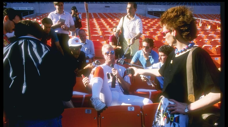 17 Jan 1989: Quarterback Boomer Esaison # 7 of the Cincinnati Bengals meets the press before the Super Bowl XXIII game with the San Francisco 49ers at the Joe Robbie Stadium in Miami, Florida. The 49ers won, 20-16. Mandatory Credit: Rick Stewart /Allsp