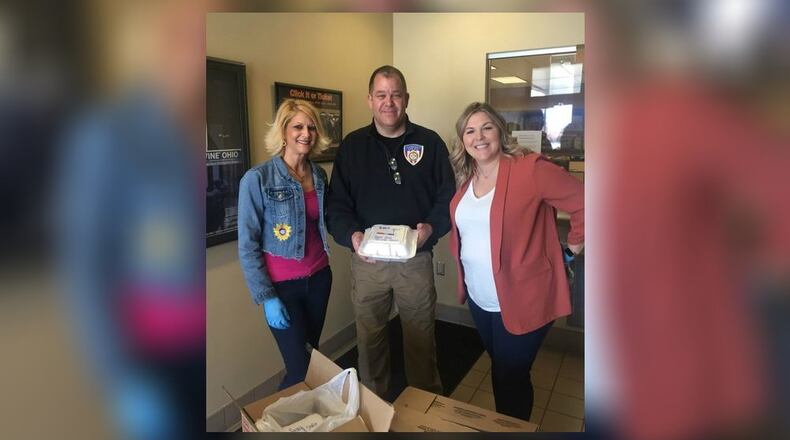 Fairfield police and fire have received a lot of support since the outbreak of the novel coronavirus, COVID-19, has forced people to stay at home, maintain social distance and be put at risk of contracting the highly contagious disease just by interacting in public. Pictured is a donation of food by Lindenwald Station to the Fairfield Police Department. PROVIDED PHOTO