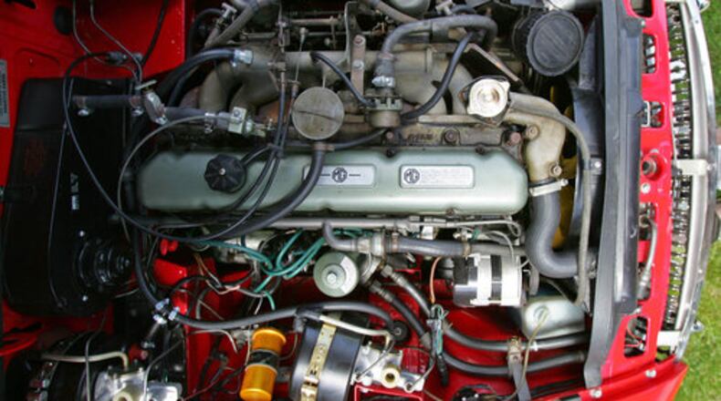 Looking straight down on the six cylinder, 2912 cc engine in the MGC. It's a tight fit under the hood, in an area designed for a four cylinder engine.