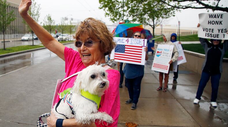 More than two dozen Issue 1 supporters, including Jeanne Angst and her dog Chipper, stood in front of the Montgomery County Administration Building on Thursday rallying for passage of the amendment. State Issue 1 is a constitutional amendment that would reform the way Ohio redistricts Congressional districts. It is a compromise reached by the Fair Districts group and the state legislator but the ACLU is not taking a positon on it because they say it doesn't go far enough to take partisanship out of the process. TY GREENLEES / STAFF