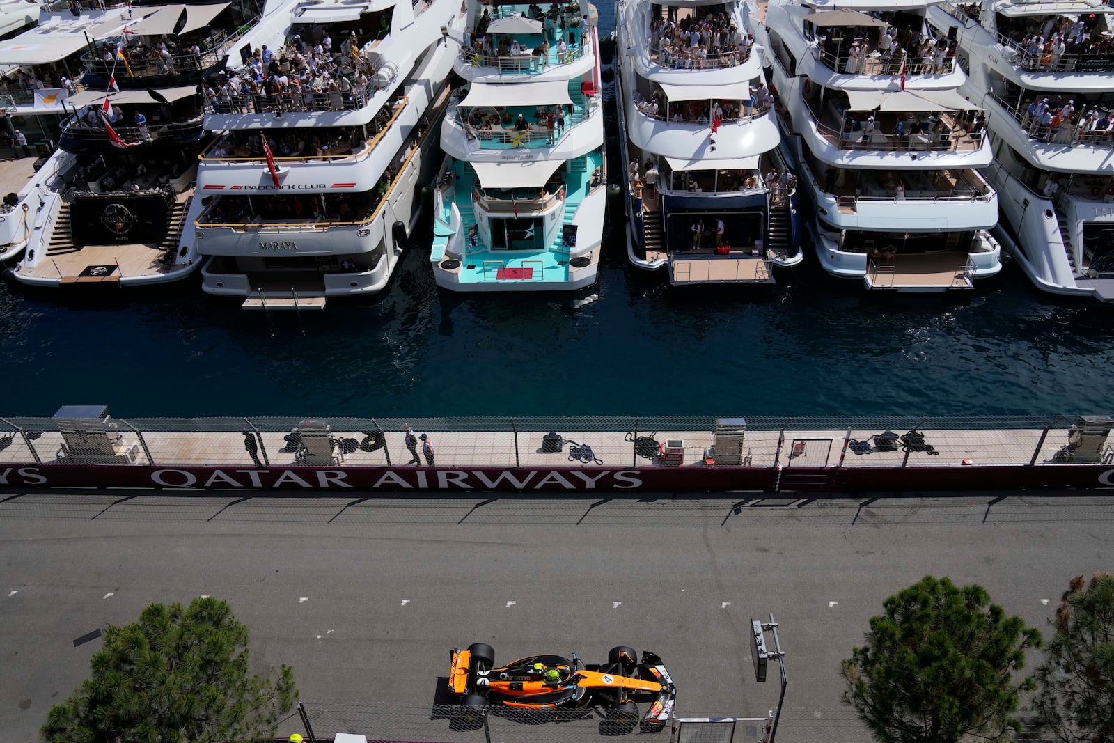 McLaren driver Lando Norris of Britain steers his car during the Formula One Monaco Grand Prix race at the Monaco racetrack in Monaco, Sunday, May 25, 2025. (AP Photo/Manu Fernandez)