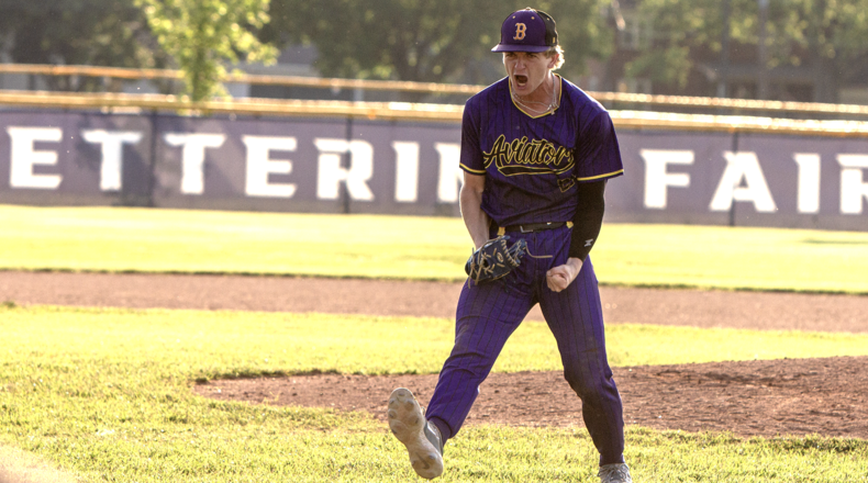Vandalia Butler pitcher Hunter Richardson celebrates Tuesday's tournament victory over Fairmont after getting a strikeout for the final out. Jeff Gilbert/CONTRIBUTED