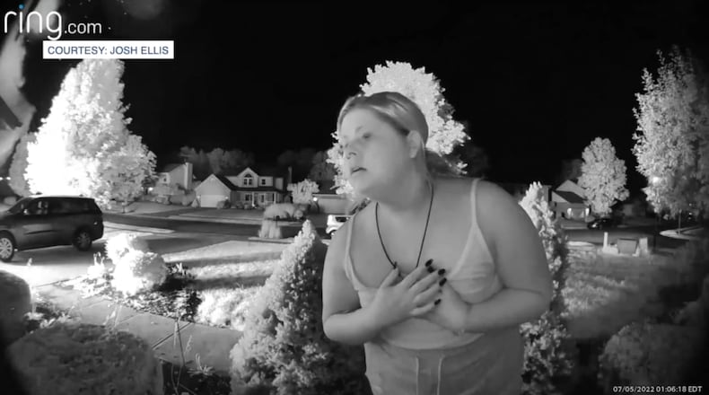 A Ring doorbell camera on a family's home captured Hailey Strong as she jumped out of her car and ran to the house, banging on the door to tell them the home was on fire. CONTRIBUTED BY JOSH ELLIS/VIA WCPO