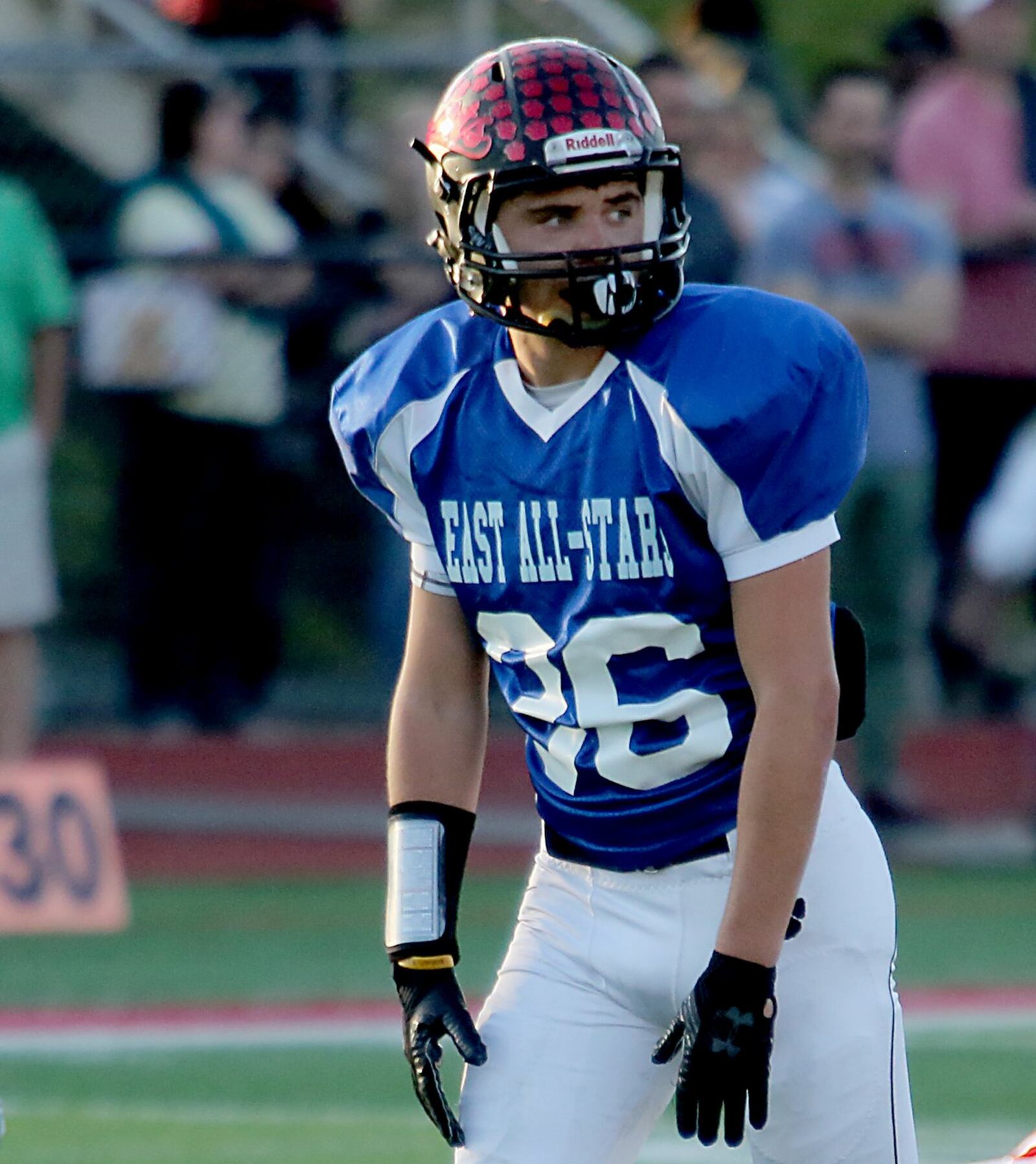 Franklin wide receiver Braxton Rodenberger lines up and waits for the East snap Thursday night during the Southwestern Ohio Football Coaches Association Ron Woyan East-West All-Star Game at Kings. CONTRIBUTED PHOTO BY E.L. HUBBARD