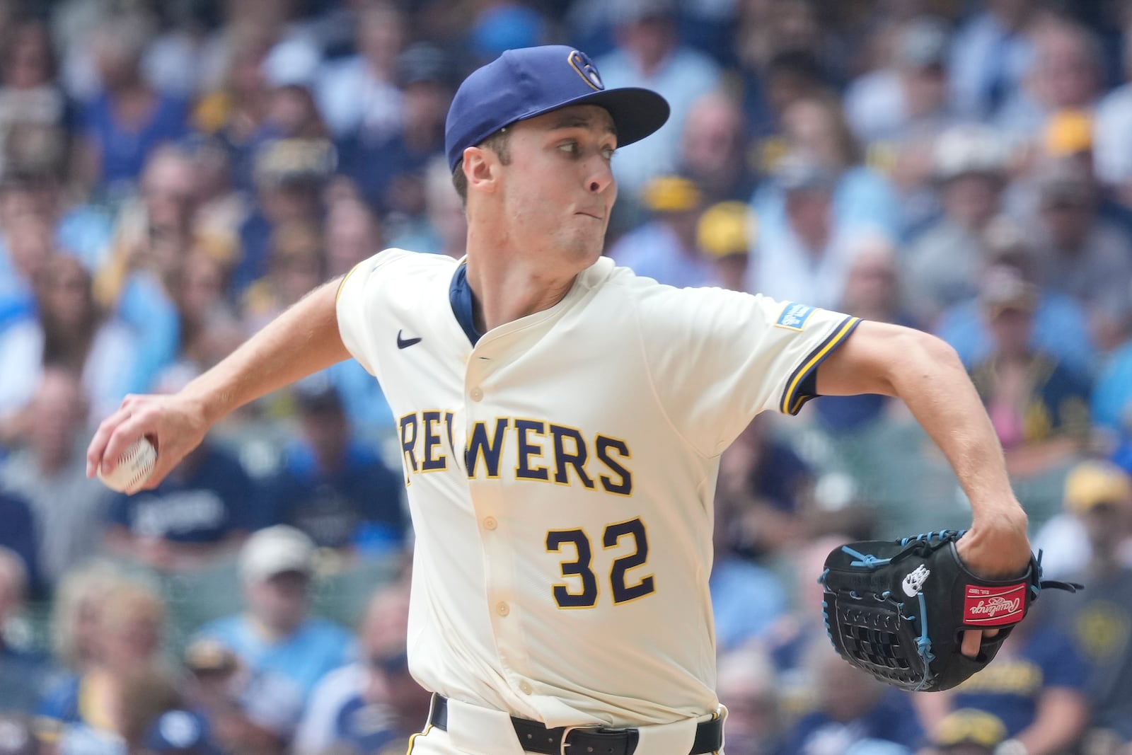 Milwaukee Brewers pitcher Jacob Misiorowski (32) throws during the first inning of a baseball game against the Pittsburgh Pirates, Wednesday, June 25, 2025, in Milwaukee. (AP Photo/Kayla Wolf)