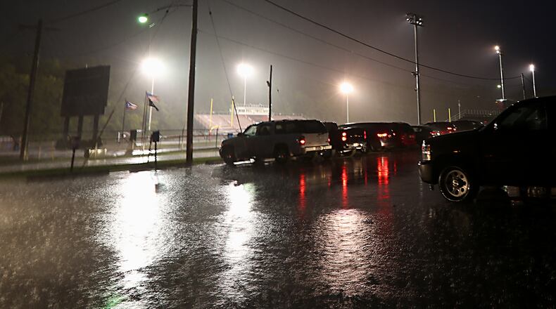 The stadium lights illuminate the rain at Atrium Stadium in Franklin on Friday night. CONTRIBUTED PHOTO BY E.L. HUBBARD