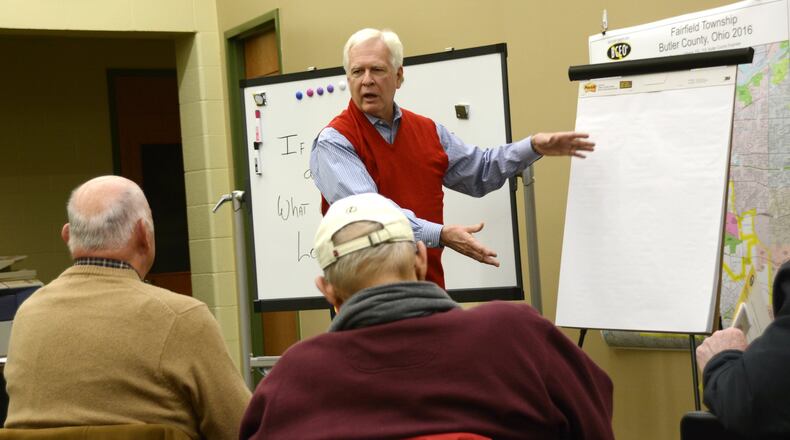 Fairfield Twp. resident Dan Hare facilitates a focus group planning for a township veterans memorial. The group’s plan will be presented to Fairfield Twp. trustees, who will discuss it at a Jan. 11 work session. MICHAEL D. PITMAN/STAFF