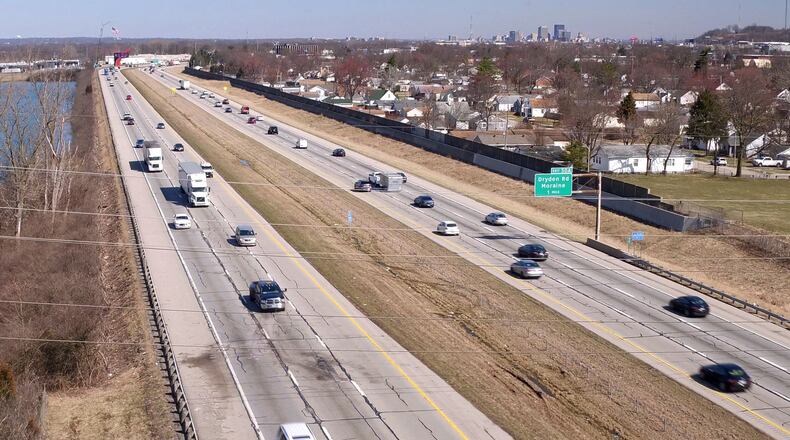 Aerial view of Interstate 75 in Moraine looking north where a wrong-way driver collided with another vehicle and killed three members of a Mason family on March 17, 2019. STAFF FILE