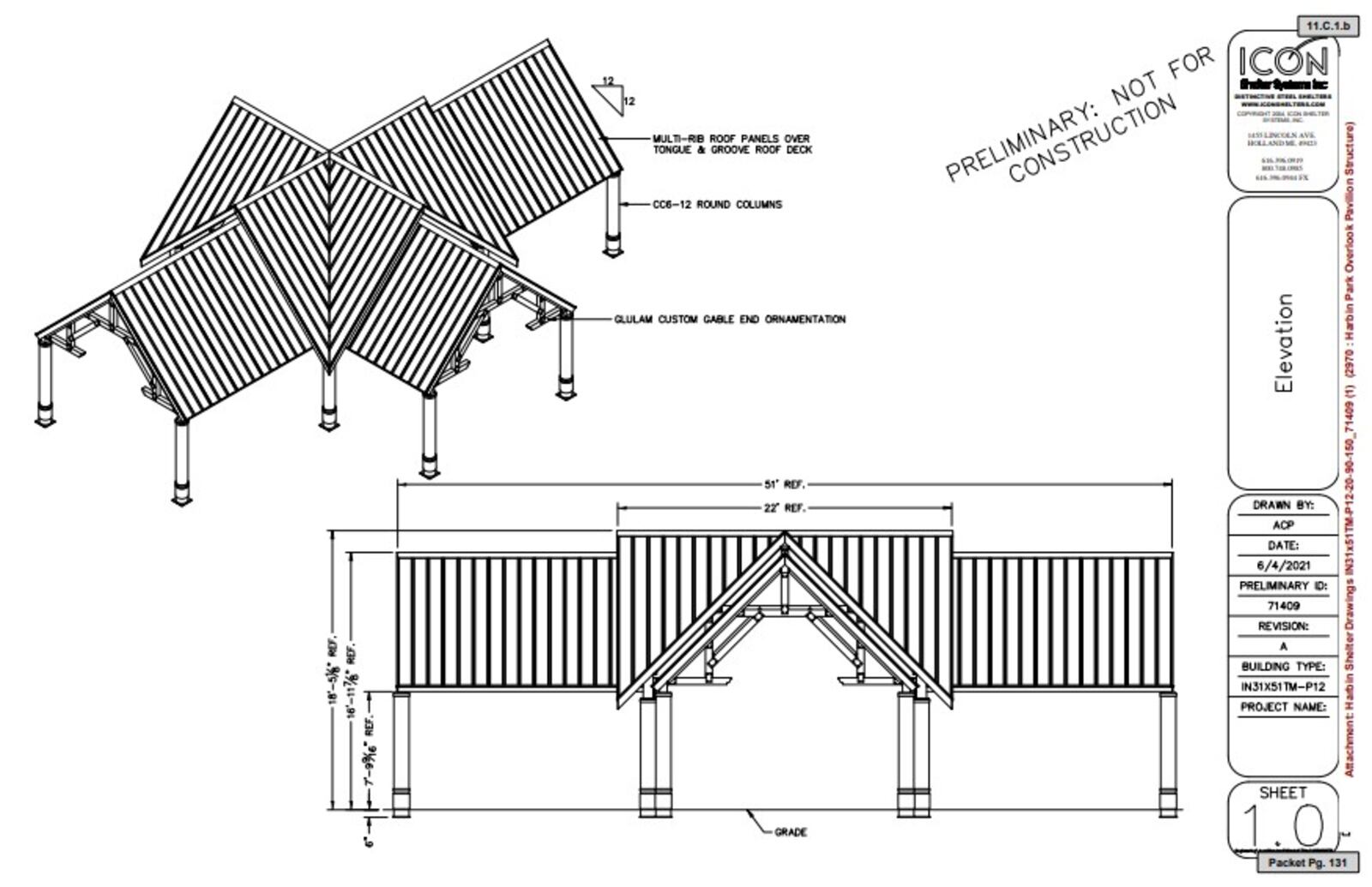 This is a preliminary drawing design for the planned ICON pavilion to be constructed at the scenic overlook at Harbin Park in Fairfield. The city agreed to contract Harrison-based GameTime to construct the pavilion, which will include new restrooms. PROVIDED/CITY OF FAIRFIELD