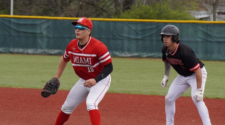 Miami-Middletown's Carter Sansone (19) and Miami-Hamilton's Shane Keys (8) eye the plate during their game earlier this season. CHRIS VOGT/CONTRIBUTED PHOTO