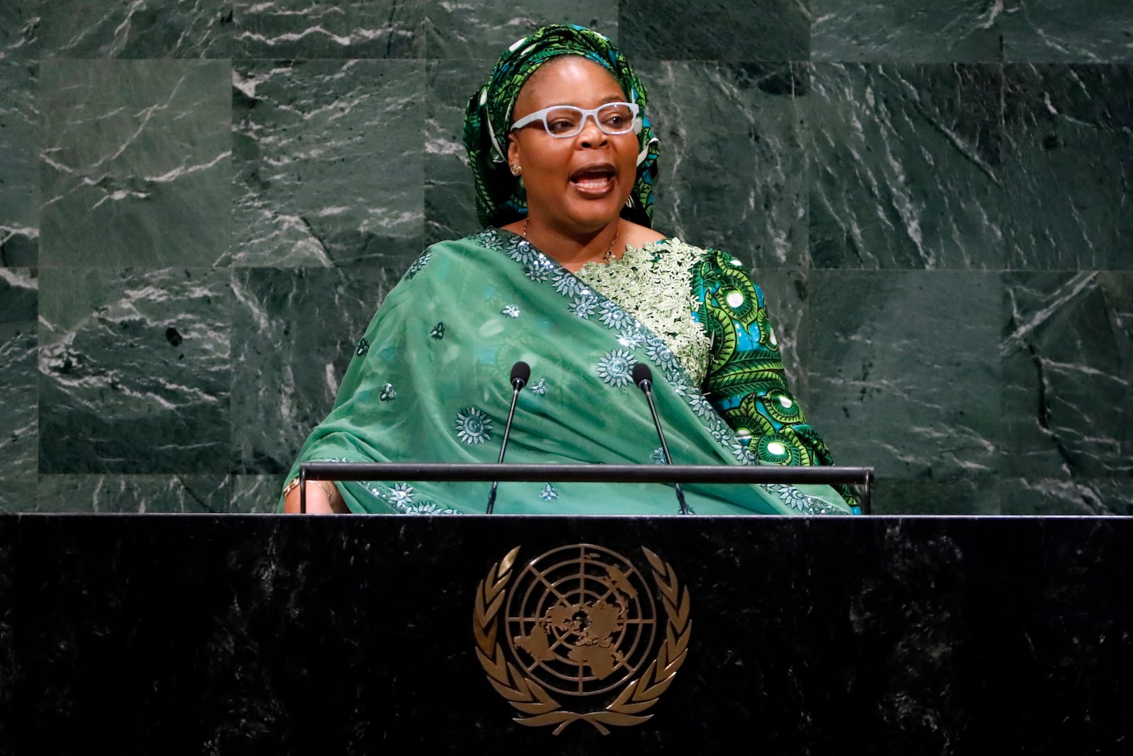 FILE - Nobel Peace Prize winner Leymah Gbowee, from Liberia, addresses the 73rd session of the United Nations General Assembly, at U.N. headquarters, Tuesday, Sept. 25, 2018. (AP Photo/Richard Drew, File)
