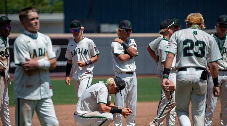 Badin High School baseball players react to falling in the Division II state final game against West Branch 3-2 on Sunday at Akron's Canal Park. Kyle Hendrix/CONTRIBUTED