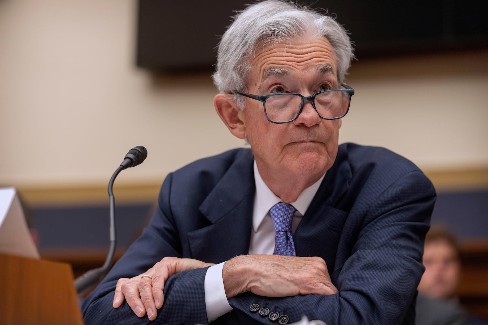 Federal Reserve Board Chairman Jerome Powell listens during a hearing of the House Committee on Financial Services on Capitol Hill, Tuesday, June 24, 2025, in Washington. (AP Photo/Mark Schiefelbein)