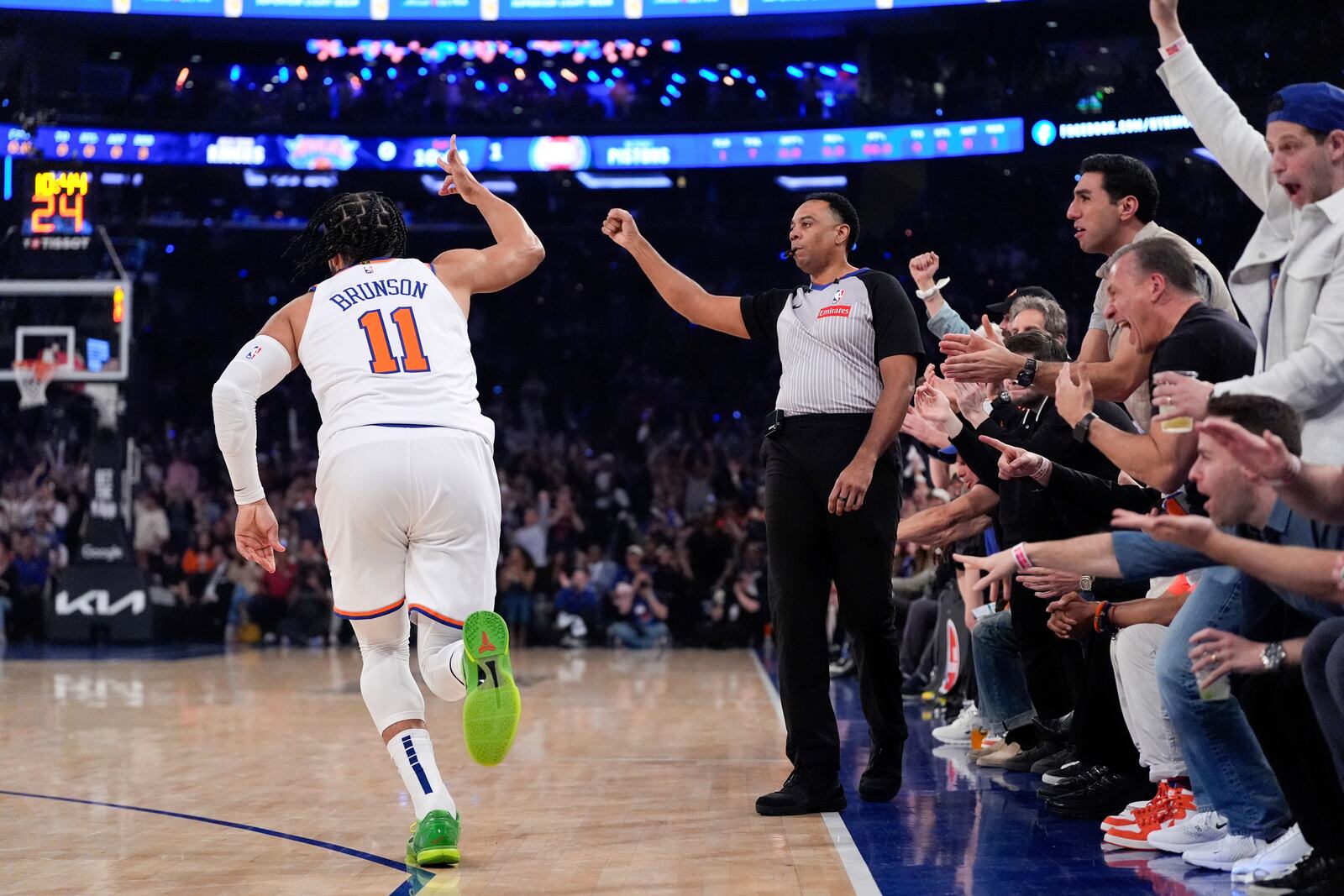 New York Knicks guard Jalen Brunson reacts after a three point shot during the first half of Game 1 in an NBA basketball first-round playoff series against the Detroit Pistons, Saturday, April 19, 2025, in New York. (AP Photo/Julia Demaree Nikhinson)