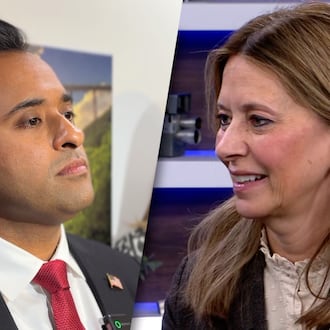 Pictured is Vivek Ramaswamy, left, and Amy Acton, right. MORGAN TRAU/WEWS