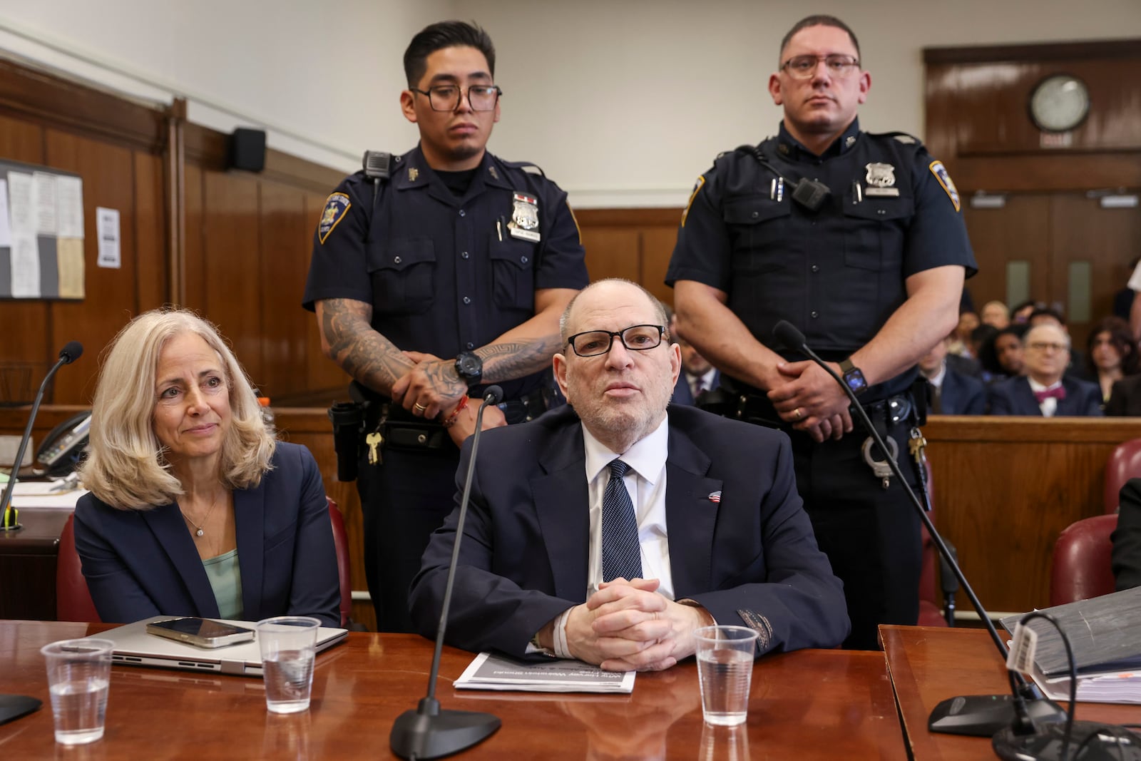 Harvey Weinstein appears in state court in Manhattan as jury selection continues in his retrial on Wednesday, April 23, 2025 in New York. (Sarah Yenesel/Pool Photo via AP)
