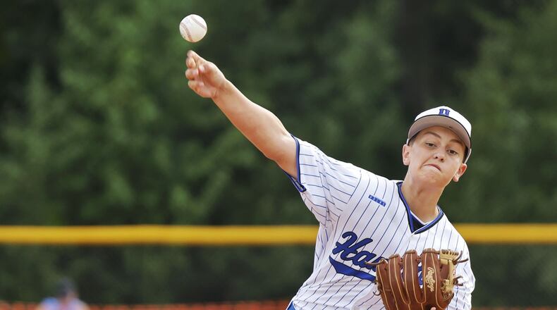 Hamilton’s Maddox Jones pitches during Hamilton West Side Little League's 10-1 win over Loveland in District 9 Little League championship Monday, July 11, 2022 at Home of the Brave Park in Loveland. NICK GRAHAM/STAFF