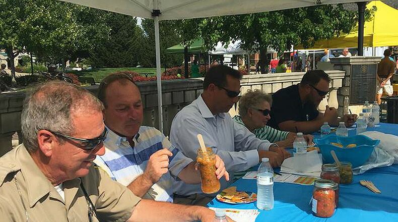 The city of Fairfield’s 2018 Village Green Farmers Market featured more than 20 vendors every week. Pictured are judges in the salsa contest held earlier this summer. PROVIDED