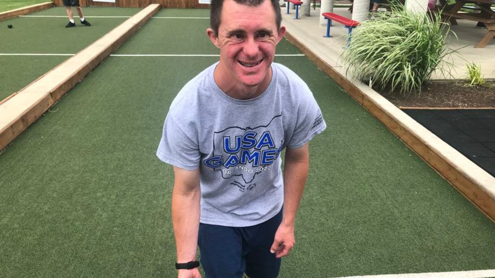 Adam Gibbemeyer, 39, of Fairfield, won medals in bocce ball at this year's USA Special Olympics in Orlando, Fla. RICK McCRABB/STAFF