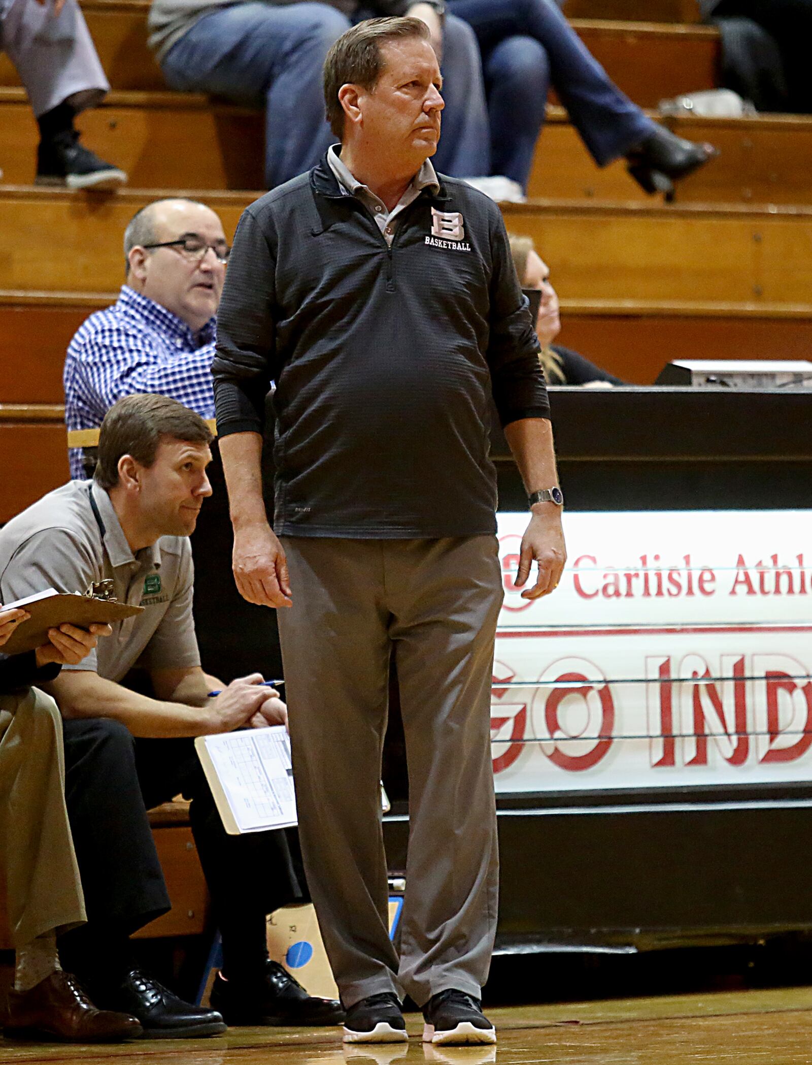 Badin coach Gerry Weisgerber watches his team during Saturday night’s game against Carlisle at The Pit in Carlisle. CONTRIBUTED PHOTO BY E.L. HUBBARD