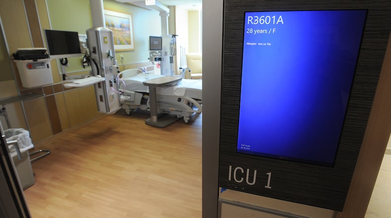 An ICU bed at Soin Medical Center, a Kettering Health hospital located at 3535 Pentagon Blvd. in Beavercreek. STAFF