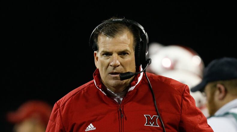 OXFORD, OH - NOVEMBER 15: Head coach Chuck Martin of the Miami Ohio Redhawks looks on against the Eastern Michigan Eagles during the first half at Yager Stadium on November 15, 2017 in Oxford, Ohio. (Photo by Michael Reaves/Getty Images)