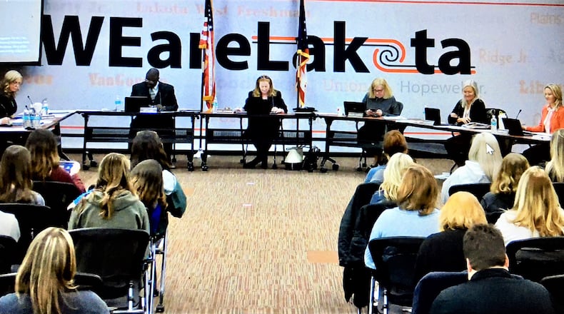 The Lakota Board of Education altered a series of district policies concern student masks, curricula and public participation during school board meetings during its Monday evening meeting. The sometimes lengthy discussions around policies revealed some sharp divides among some board members. (Photo By Michael D. Clark\Journal-News)