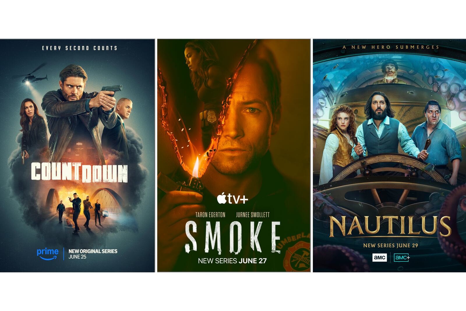 This combination of images shows promotional art for the series "Countdown," from left, "Smoke," and "Nautilus." (Prime/Apple TV+/AMC+ via AP)