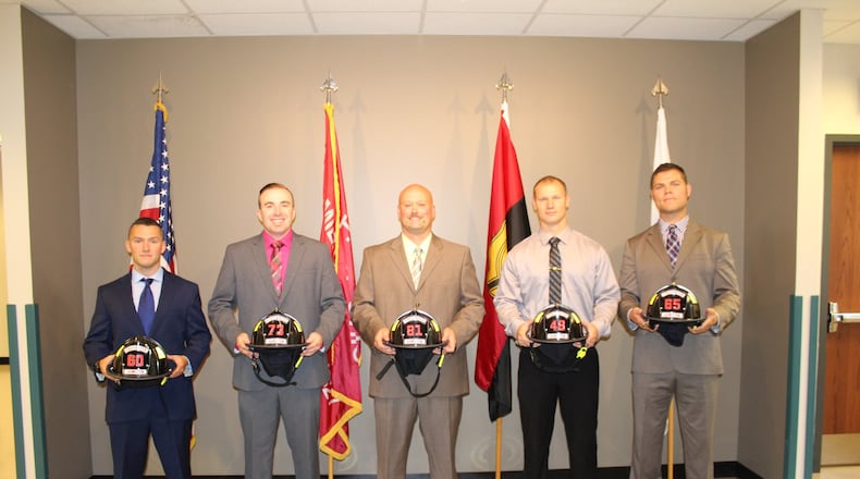 Hamilton’s five new firefighters (from left) are: Jonathon Godby, Ethan Black, Toby Howell, Mike Lehman and Aaron Handy. CONTRIBUTED