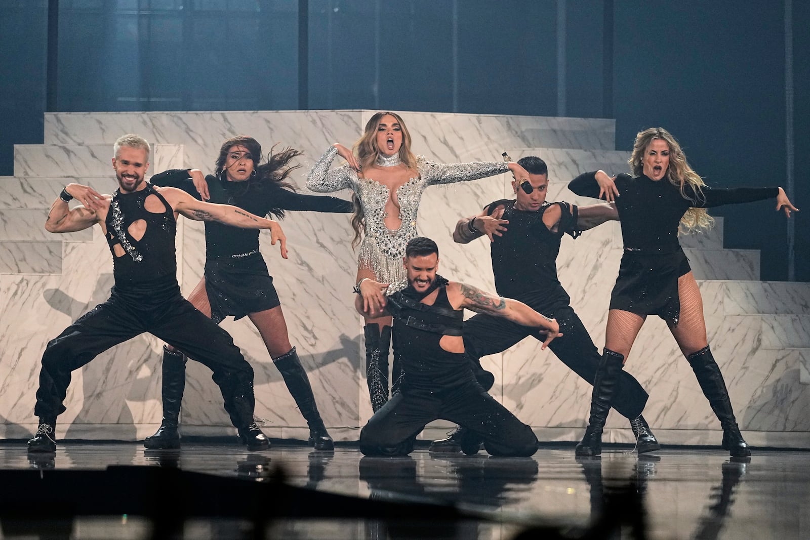 Melody from Spain performs the song "ESA DIVA" during the Grand Final of the 69th Eurovision Song Contest, in Basel, Switzerland, Saturday, May 17, 2025. (AP Photo/Martin Meissner)