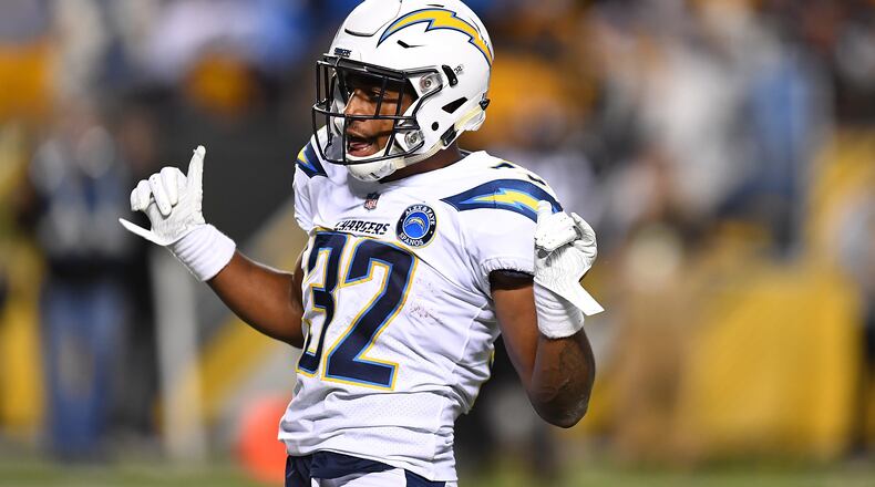 PITTSBURGH, PA - DECEMBER 02: Justin Jackson #32 of the Los Angeles Chargers reacts after rushing for an 18 yard touchdown in the fourth quarter during the game against the Pittsburgh Steelers at Heinz Field on December 2, 2018 in Pittsburgh, Pennsylvania. (Photo by Joe Sargent/Getty Images)
