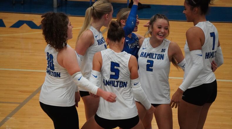 The Hamilton High School girls volleyball team defeated Cincinnati Christian 3-2 on Tuesday night at CCS. CHRIS VOGT / CONTRIBUTED