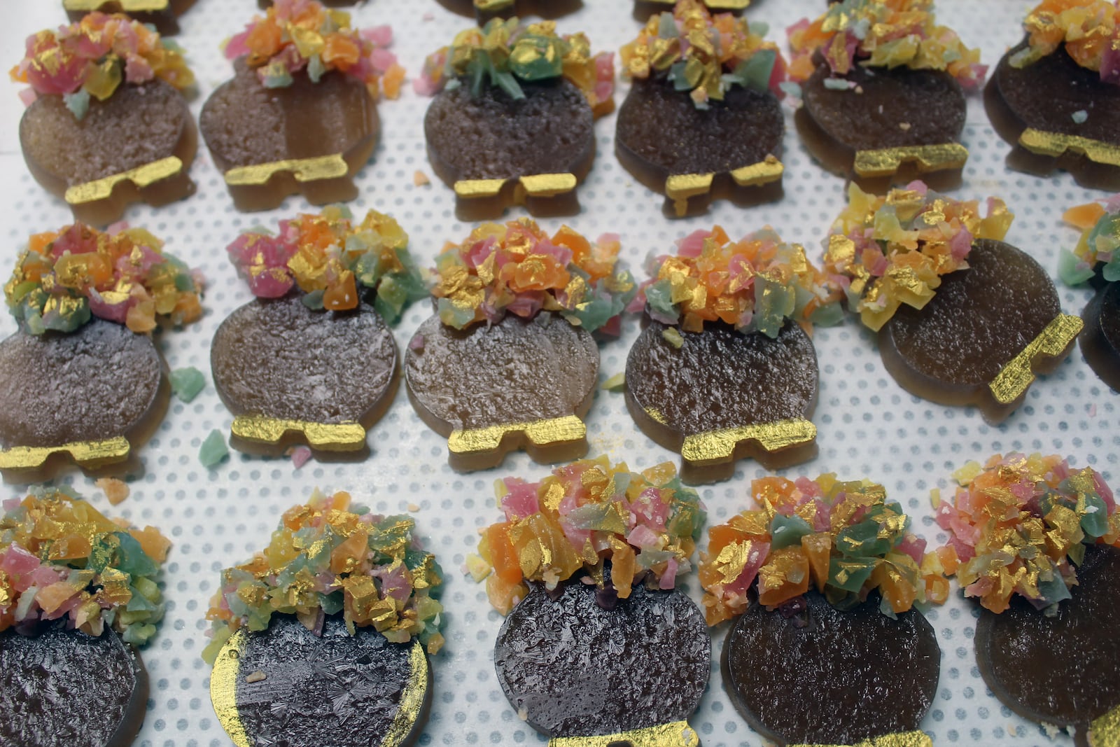 Each month Stephanie Walker creates candy using a theme. Pictured here is her pot of gold candy. SUE KIESEWETTER/CONTRIBUTED