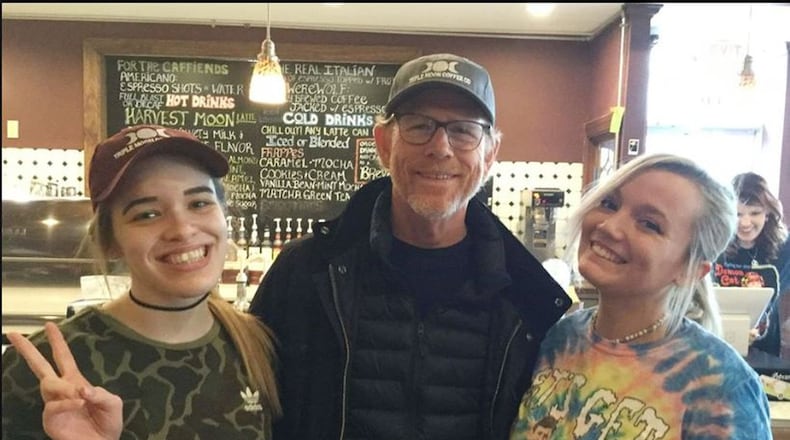Academy Award-winning director Ron Howard poses with Triple Moon Coffee Company employees during a stop for latte earlier this year. The employees said that Howard is becoming a regular at the downtown Middletown coffee house. Howard and his production crew will be in Middletown for a few days next month to film “Hillbilly Elegy.” CONTRIBUTED.
