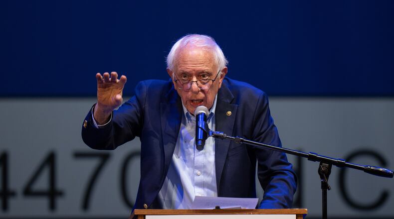 Sen. Bernie Sanders, I-Vt., speaks at a campaign event for a proposed "billionaires tax," in Los Angeles, Wednesday, Feb. 18, 2026. (AP Photo/Jae C. Hong)