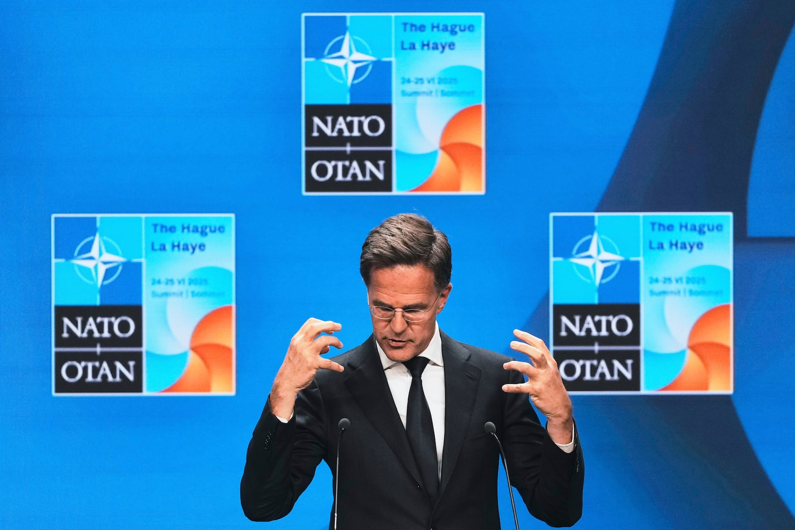 NATO Secretary General Mark Rutte speaks during a media conference in The Hague, Netherlands, Monday, June 23, 2025 ahead of the NATO summit. (AP Photo/Markus Schreiber)