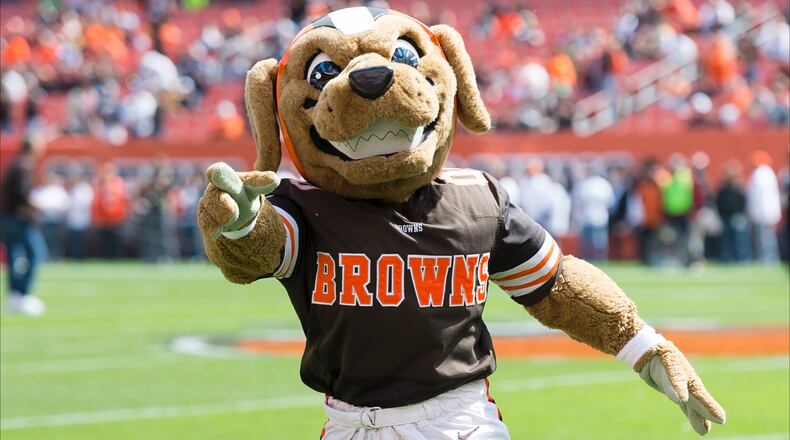 CLEVELAND, OH - SEPTEMBER 14: Cleveland Browns mascot Chomps on the field prior to the game against the New Orleans Saints at FirstEnergy Stadium on September 14, 2014 in Cleveland, Ohio. (Photo by Jason Miller/Getty Images)