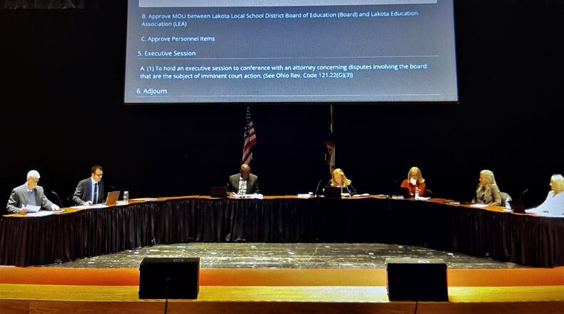 Lakota’s school board took the final step toward creating a special, pre-meeting “listening session” for school parents and residents who want to share their opinions directly with board members. The board approved the creation of the listening session at future meetings during a special board meeting Monday evening. The first such session, which will last for 45 minutes prior to a regular school board meeting, will be conducted on Monday April 3 and will start at 5:30 p.m. (Photo By Michael D. Clark\Journal-News)