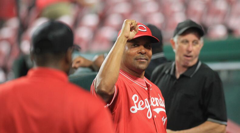 Barry Larkin acknowledges fans before the Cincinnati Reds Legends Game at Great American Ball Park on Friday, Aug. 27, 2021, at Great American Ball Park. David Jablonski/Staff