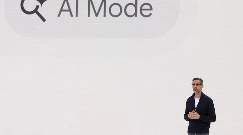 FILE - Alphabet CEO Sundar Pichai speaks at a Google I/O event in Mountain View, Calif., Tuesday, May 20, 2025. (AP Photo/Jeff Chiu, File)