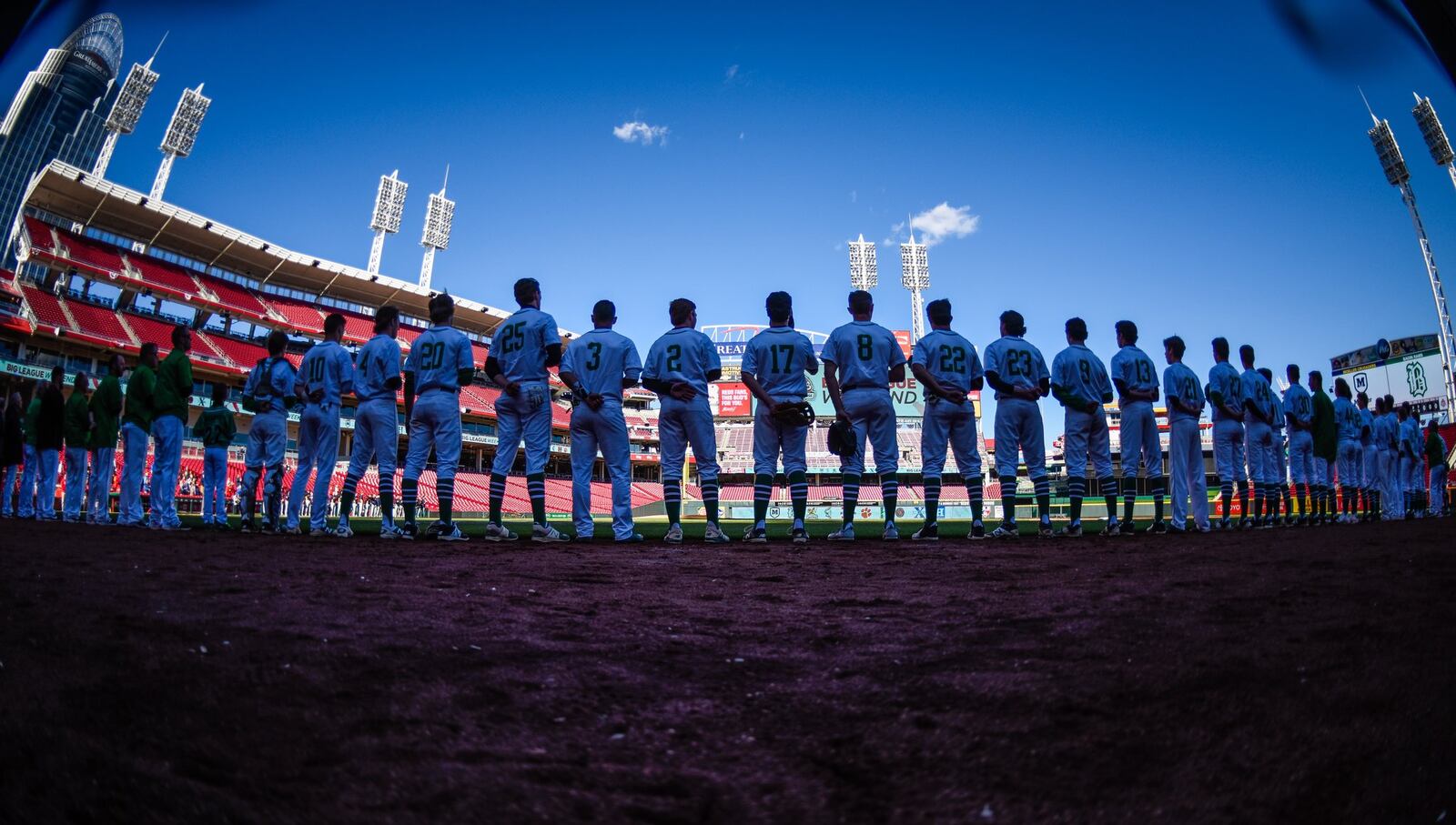 The Badin baseball team is announced before its game against Moeller on Friday at Great American Ball Park in Cincinnati. NICK GRAHAM/STAFF